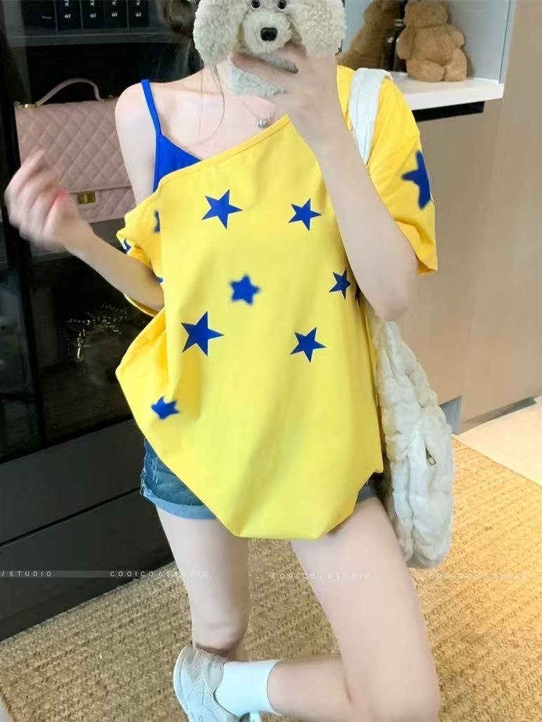 美式辣妹星星印花斜肩短袖t恤女夏季新款宽松设计感小众露肩上衣