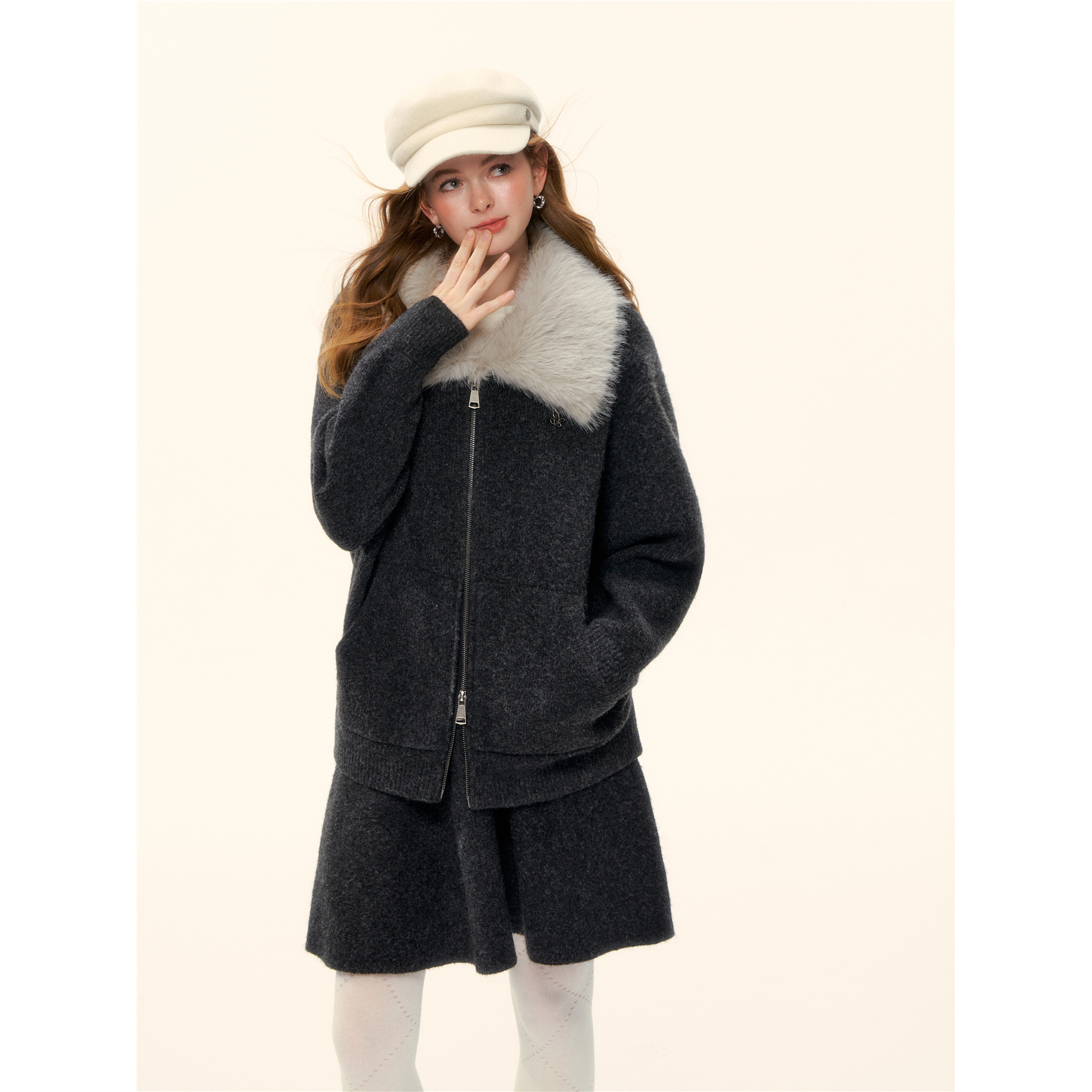 AsGony 羊毛翻领毛领拉链针织毛衣外套/松紧腰针织A字短裙伞裙