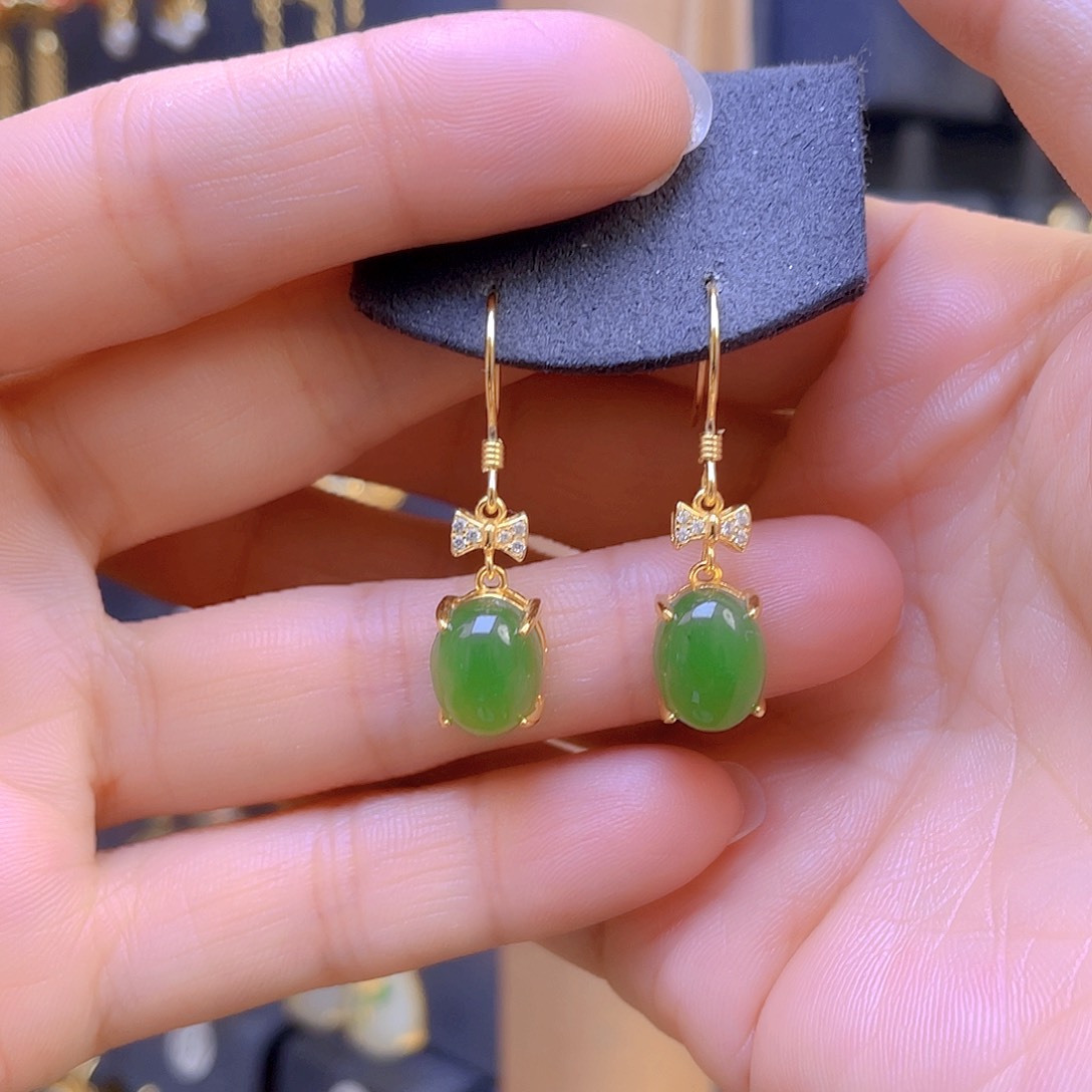 和田玉耳饰银S925镀金镶嵌