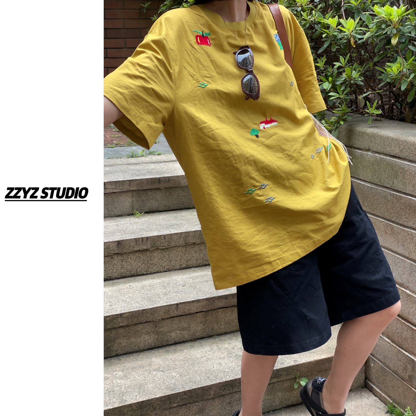 【ZZYZ】“童趣俏皮”慵懒卡通刺绣亚麻t恤短袖宽松休闲显瘦圆领上衣