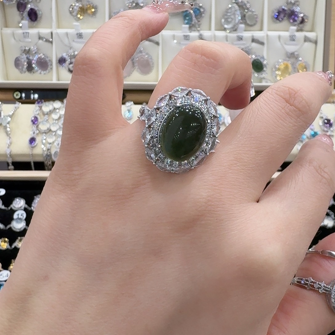 ℋ***࿐蛇纹石玉银S925镶嵌戒指