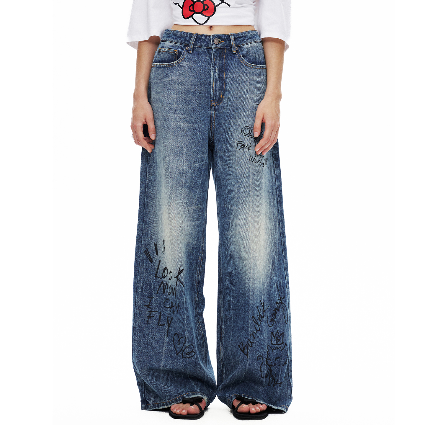 BGt 新款手绘涂鸦水洗低腰慵懒阔腿松弛感牛仔裤女BanditkGangn