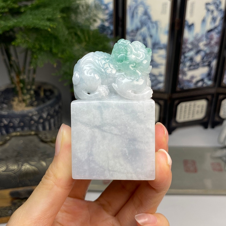老种飘绿复古飞天貔貅印章摆件茶宠 天然翡翠A货 