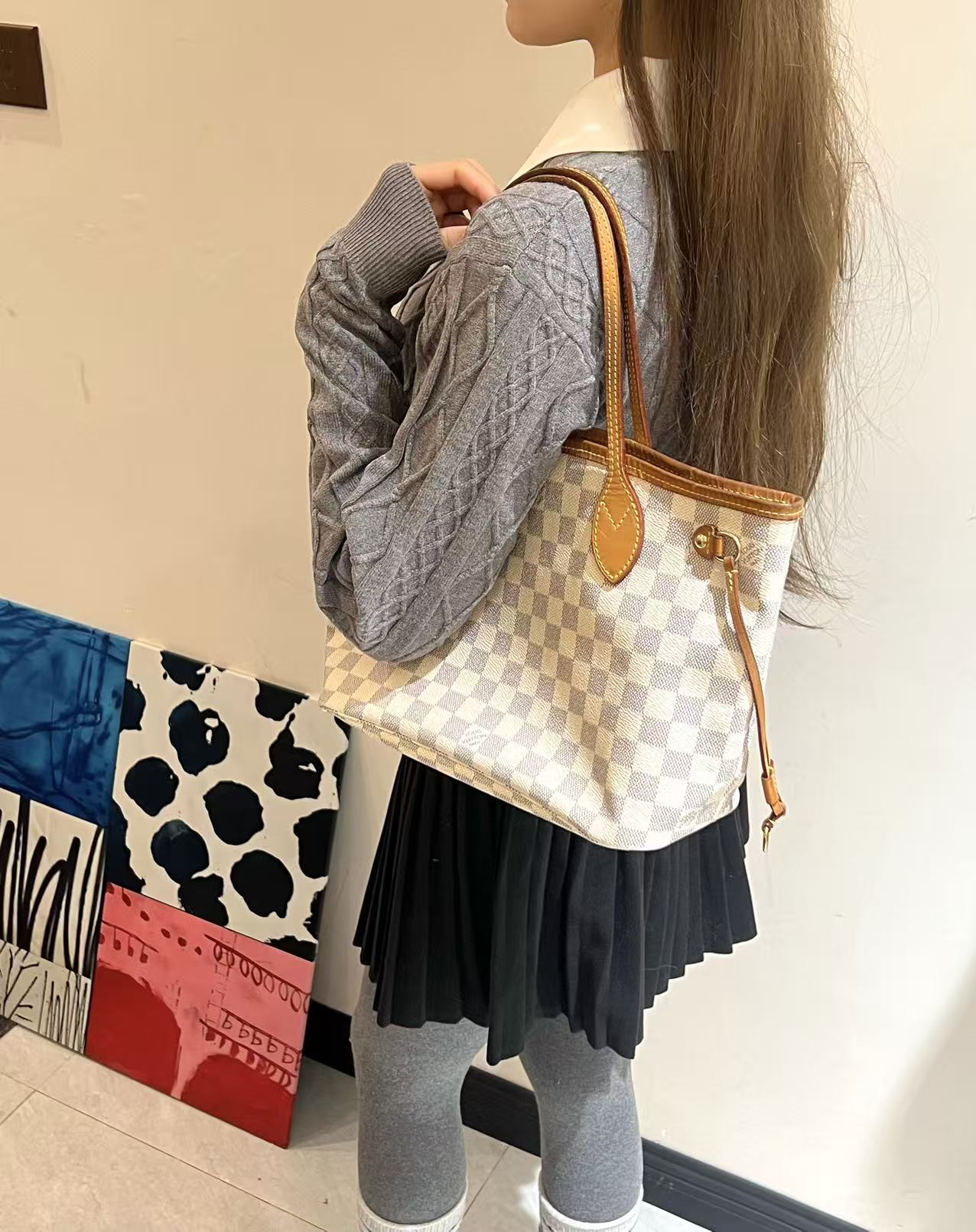 95新 LouisVuitton/路易威登 小号白棋盘格nf/单肩包