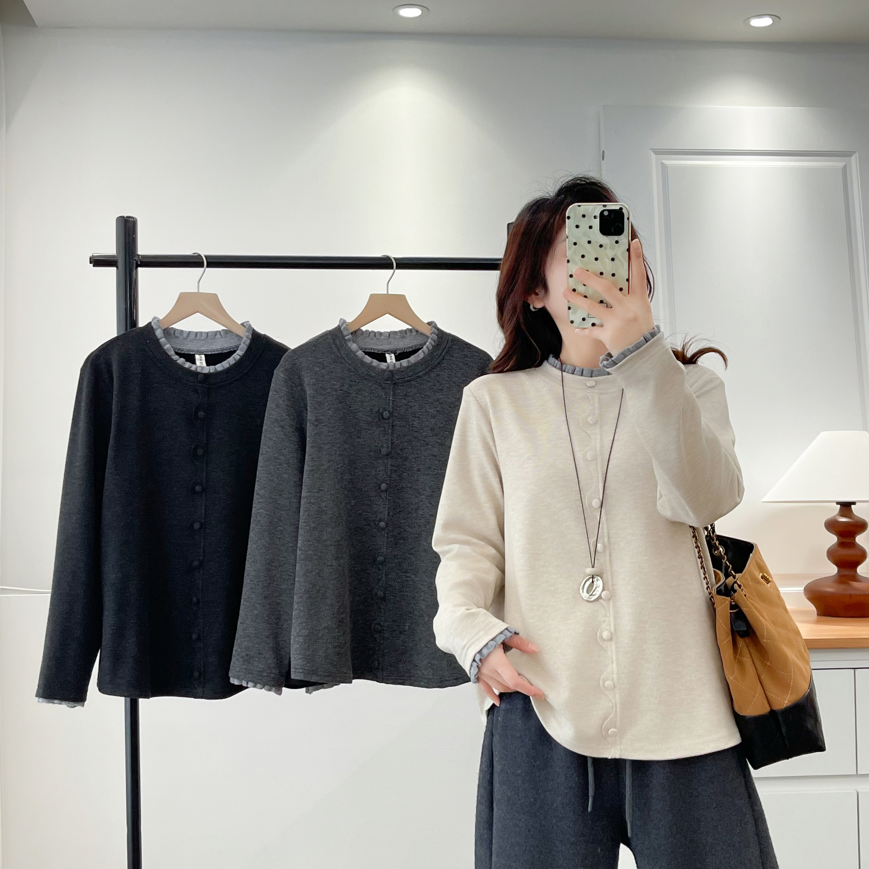 艳子微胖大码休闲洋气显瘦女长袖打底时尚保暖慕斯绒圆领针织拼接