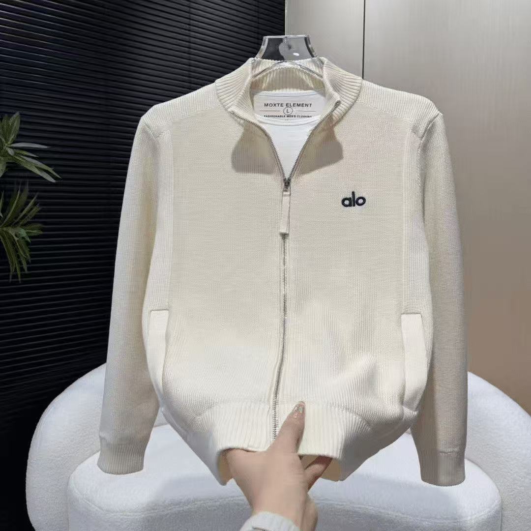 ALO正品2025早秋新款简单字母修身男士潮流休闲百搭纯色针织开衫