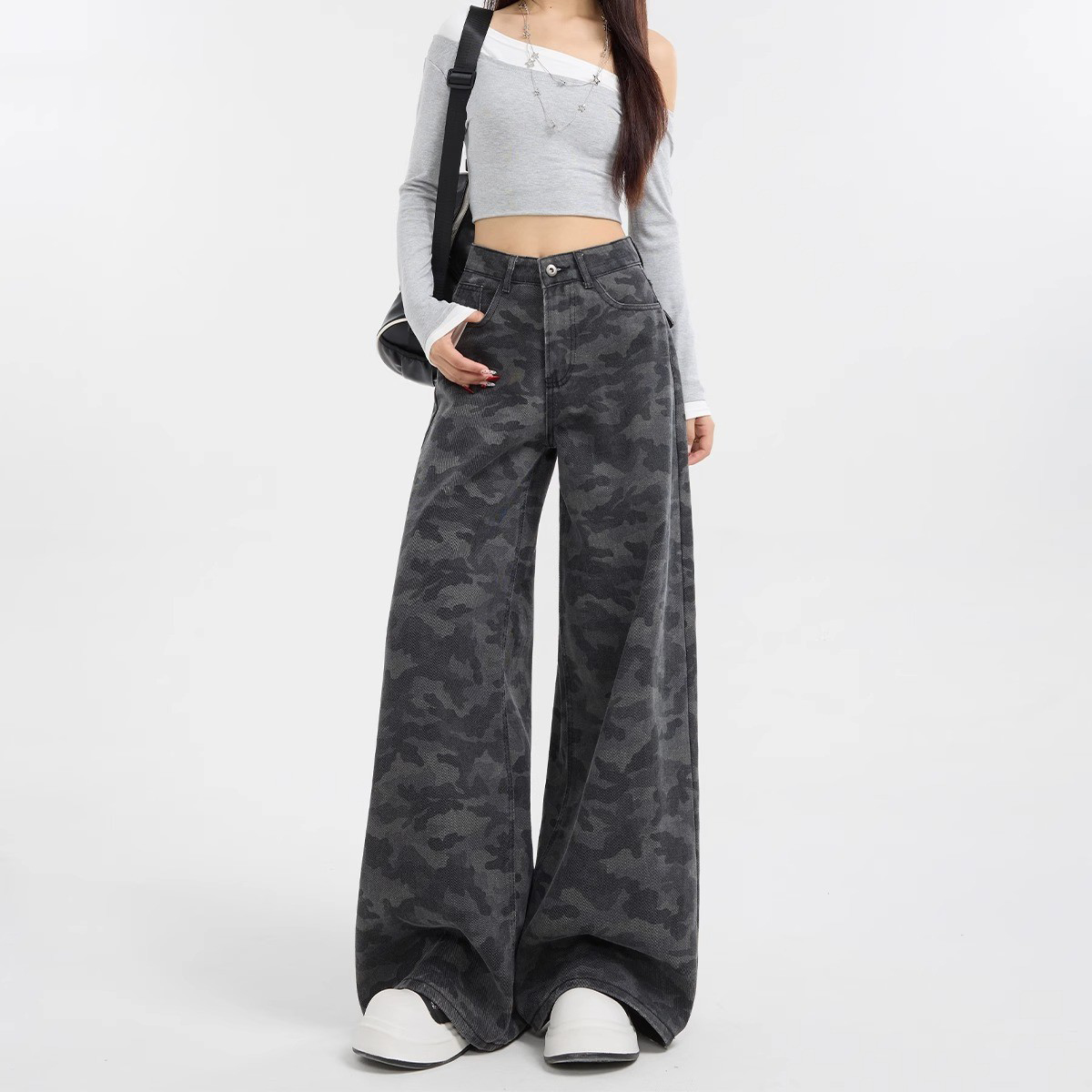 【运补6-8】美式迷彩阔腿裤牛仔裤女2025夏季新款高腰垂感拖地裤