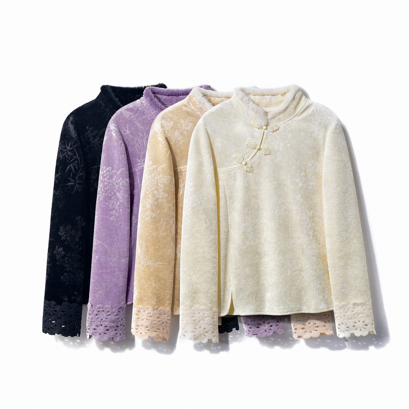 【若瑶】2025新款打底上衣小衫女新中式加绒加厚提花显瘦长袖T恤衫