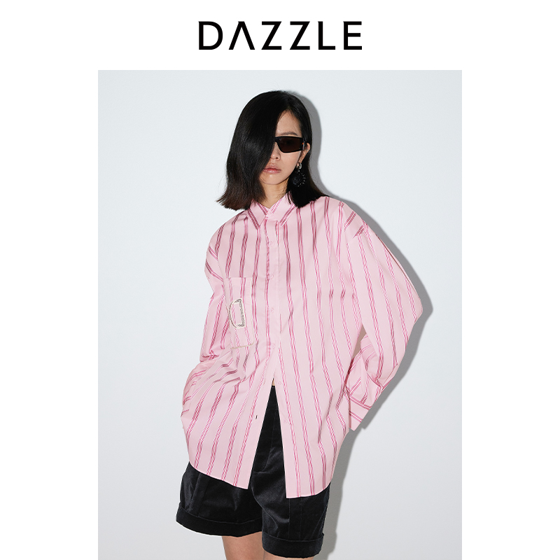【上新】DAZZLE地素奥莱 长袖衬衫24新款女烫钻条纹上衣2I1C402