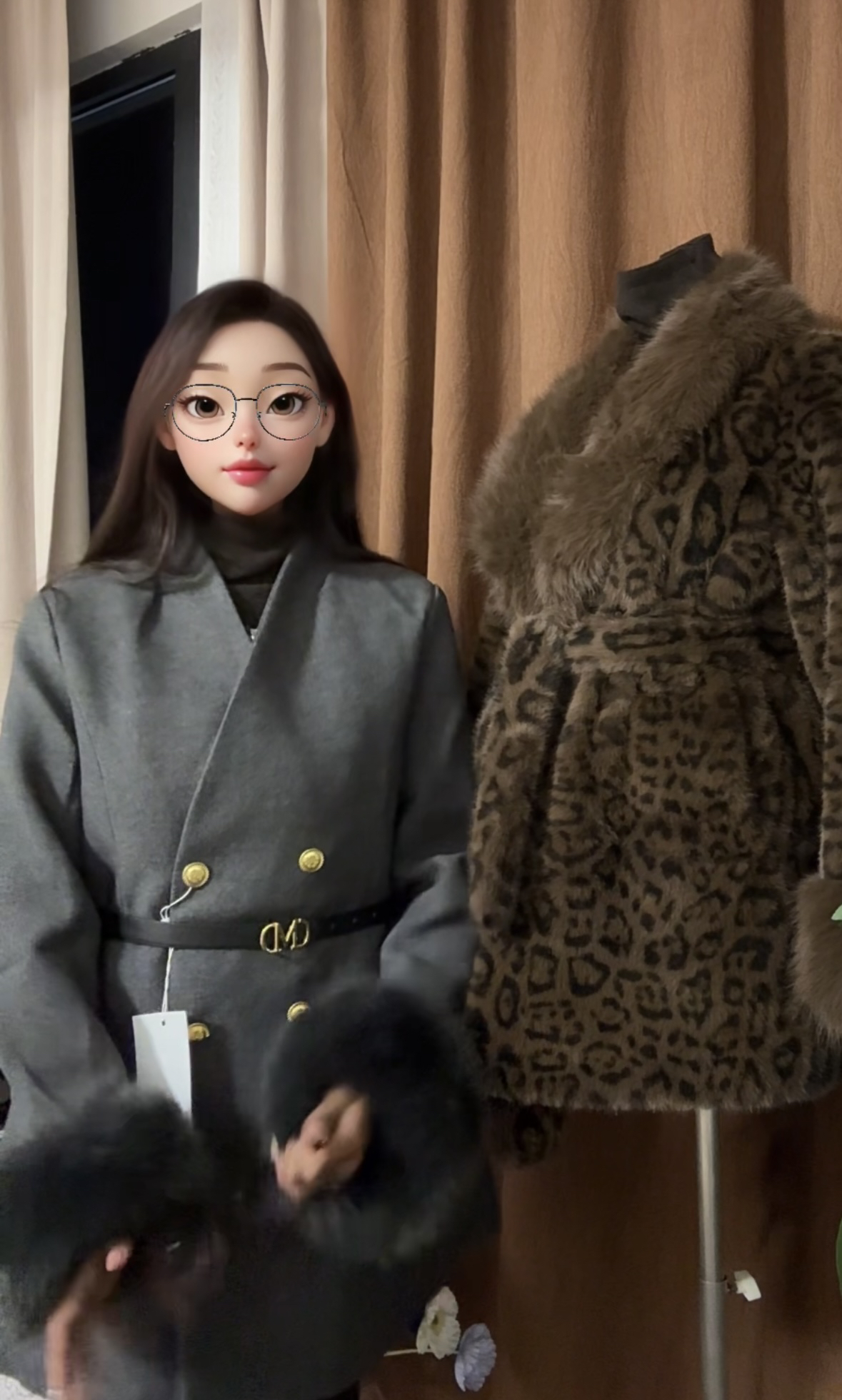 桔梗Studio 袖口毛毛收腰双排扣毛呢西装