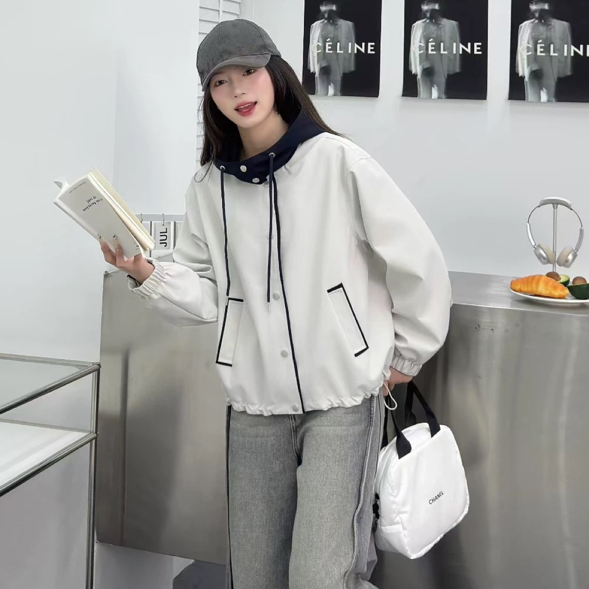 【海岛简爱】韩版连帽拼色上衣时尚直下摆女短外套 95801