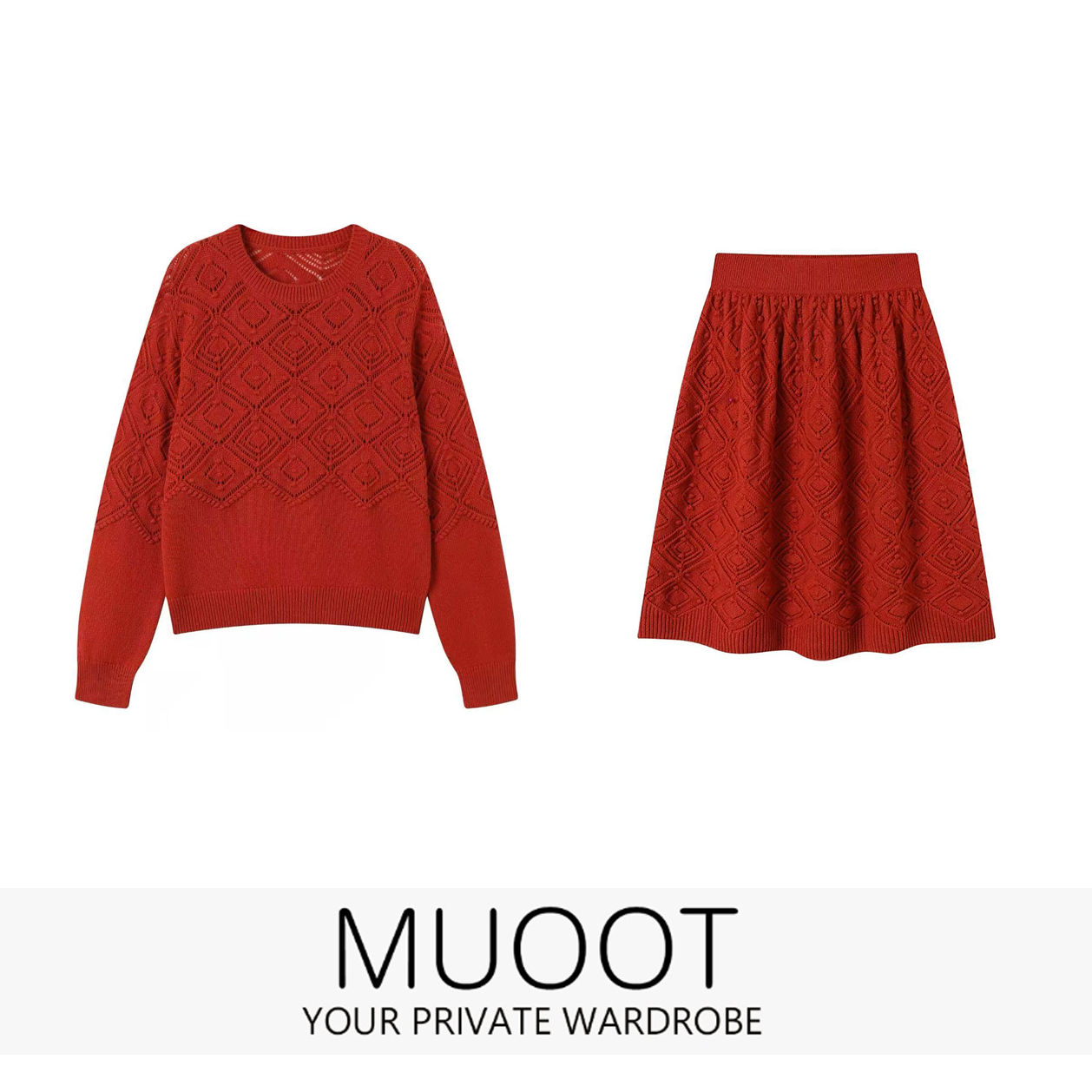 【MUOOT】2026新款镂空菱格钩花羊绒针织毛衣半身裙116E1221