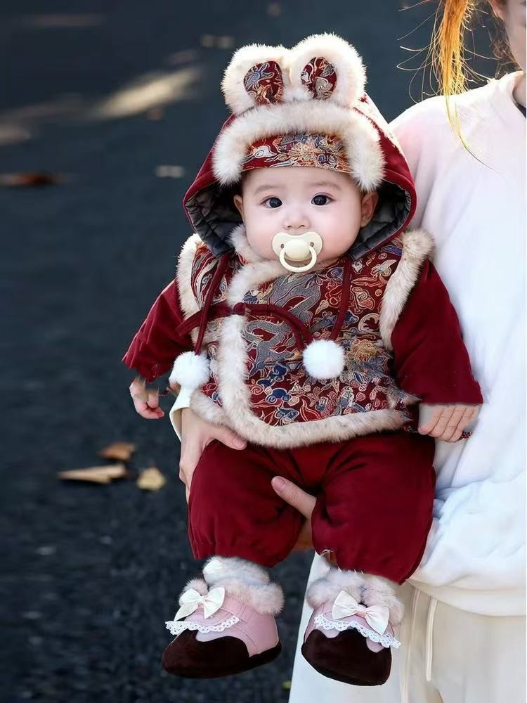 婴儿连体衣冬季加厚宝宝新中式周岁礼服拜年服过年喜庆衣服外出服