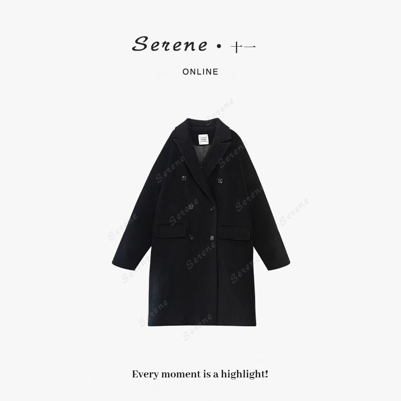 王十一【】长款黑色呢子大衣高级感小个子赫本风毛呢外套GARY2041