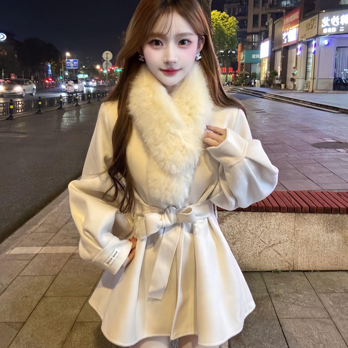 【韩系千金感双面绒绑带灯笼袖气质收腰大衣外套】