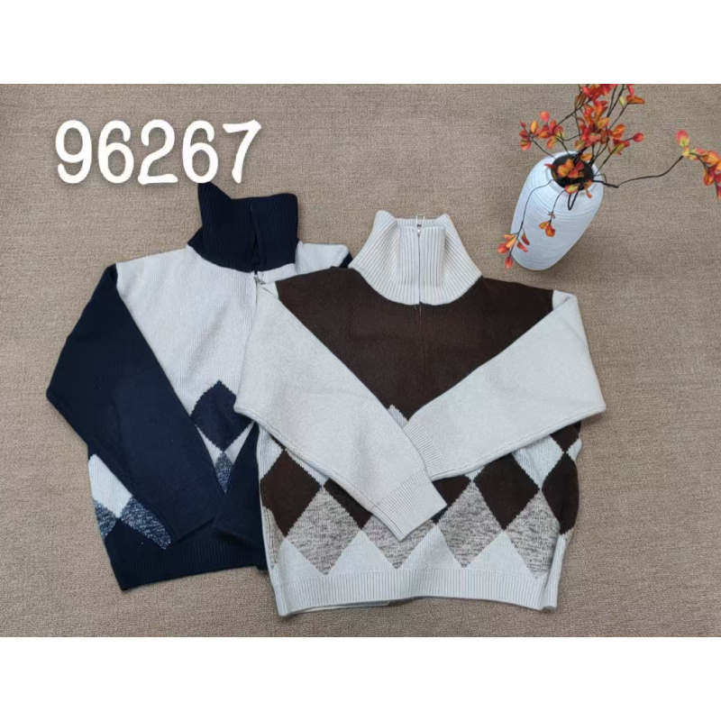 【琳姐】秋季新款时尚百搭半高领拉链菱格女士针织衫96267