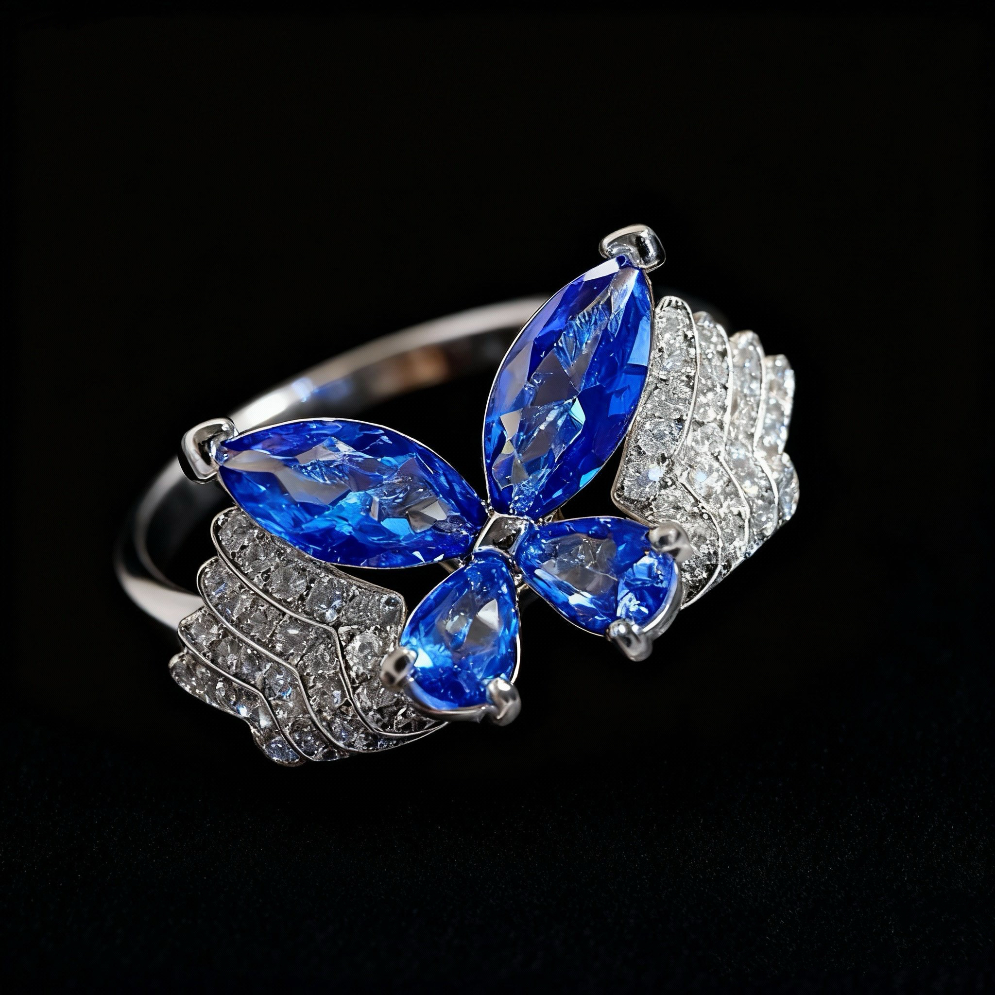 合金合成锆石戒指 首饰指环轻奢气质时尚蓝色蝴蝶戒指精致