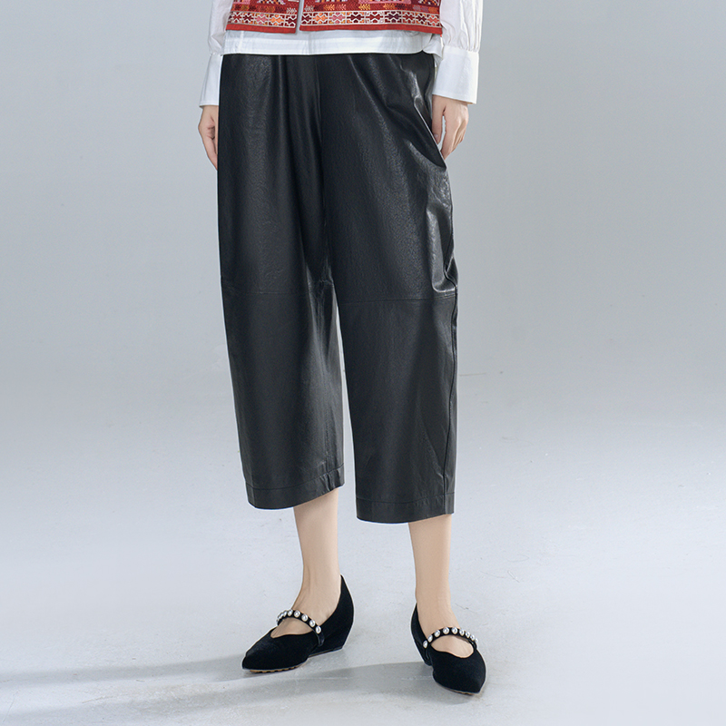 青娘子（明知）绵羊皮真皮全松紧高腰宽松时尚酷飒八分直筒裤61532