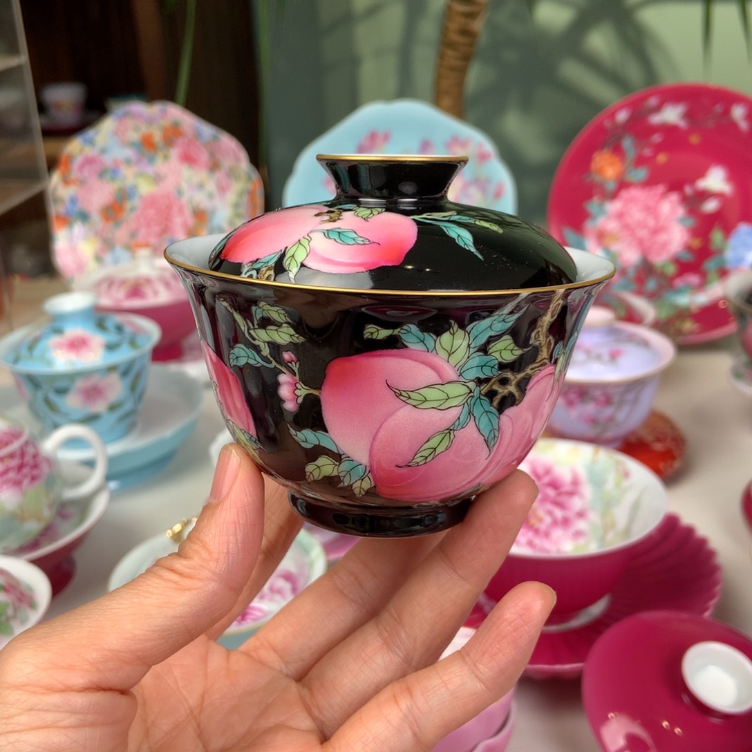 冷***壳陶景德镇手工手绘寿桃九桃