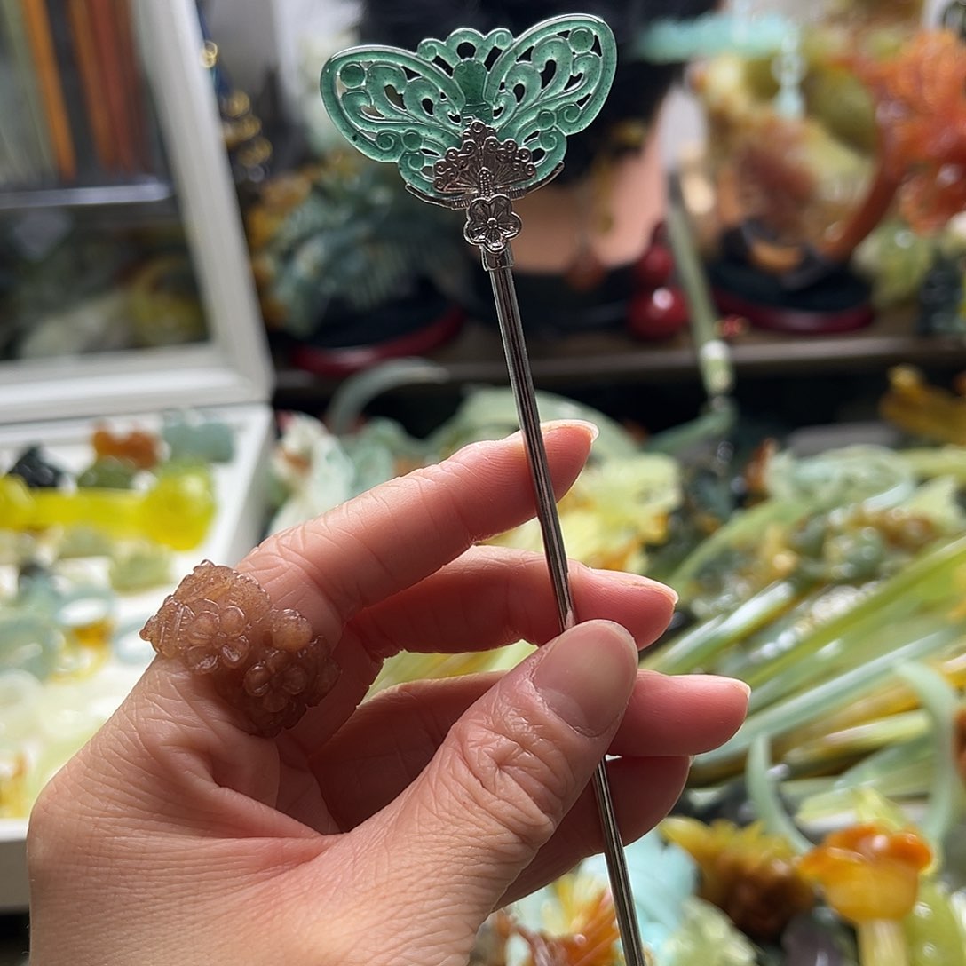 翡翠发饰合金翡翠蝴蝶发簪