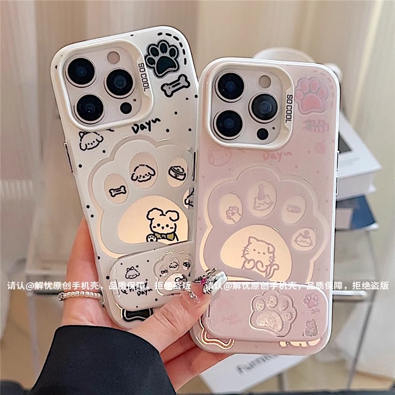 情侣镂空猫爪镜面支架适用苹果16华为OPPO小米15VIVO14手机壳新款