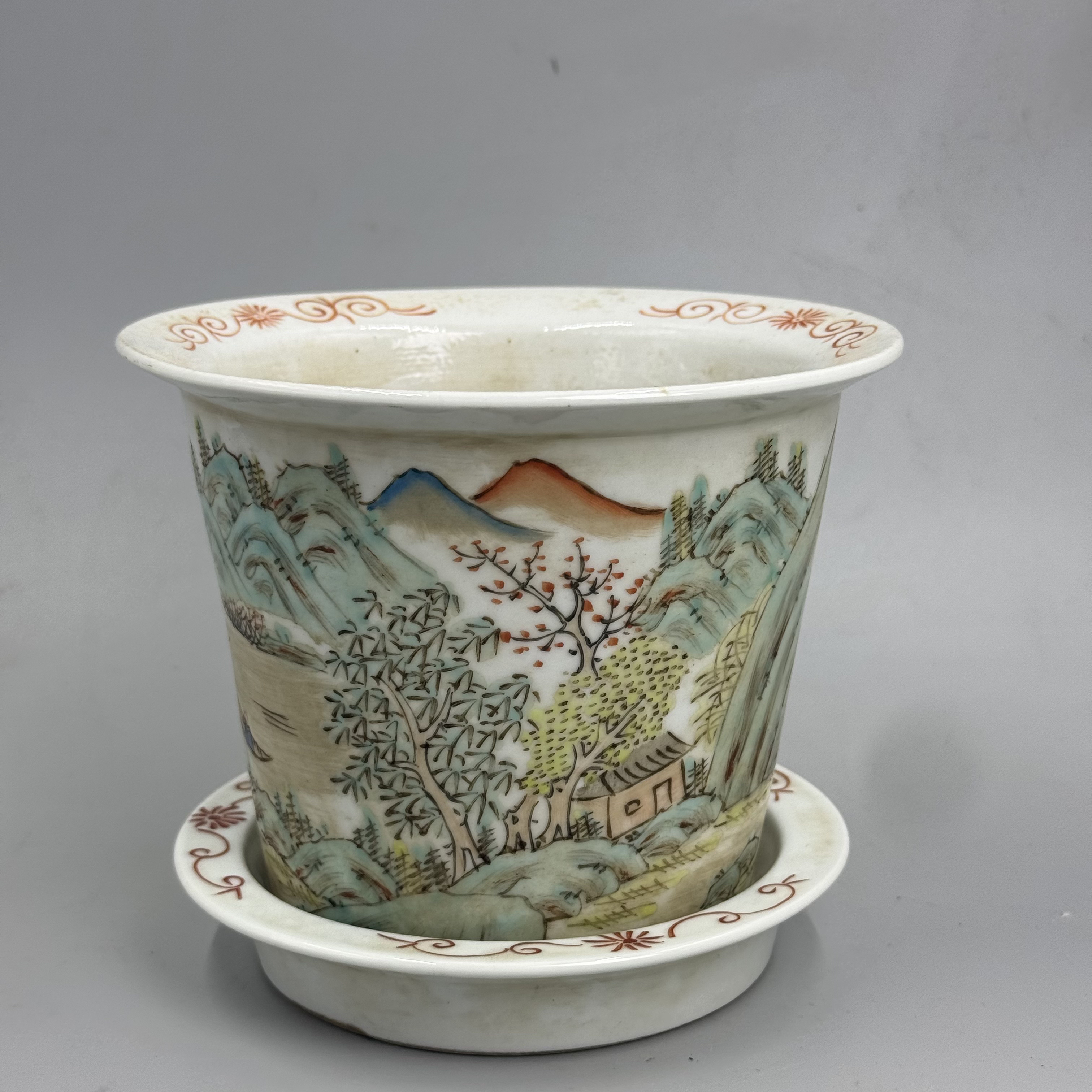 浅绛彩山水纹花盆带托盘（看底私信）