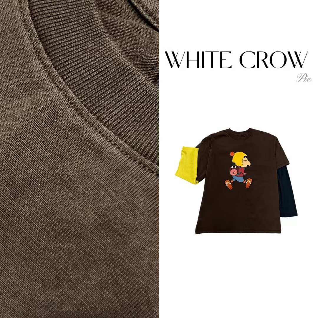 白乌鸦  [长袖T恤] 卡通趣味设计感小新撞色长袖55397假两件休闲