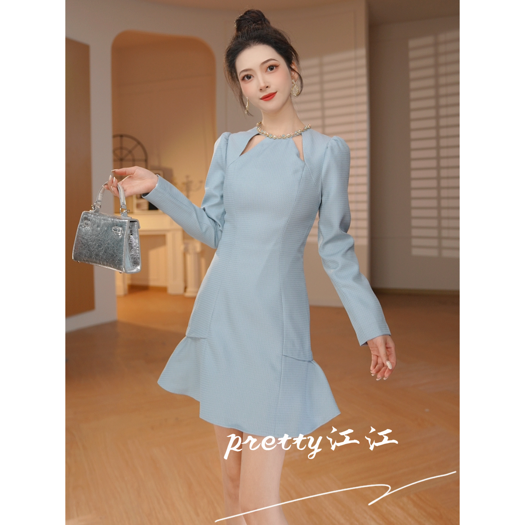 Pretty小众设计师品牌江江定制 极简风时尚气质修身连衣裙21472