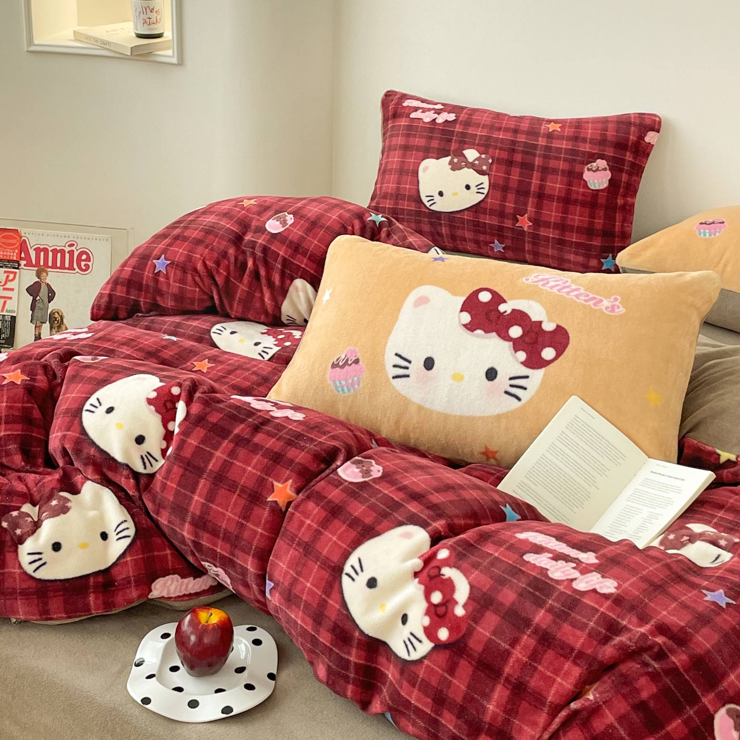 【富士商店】加厚保暖牛奶绒四件套圣诞节限定款黑皮豹纹Kitty猫