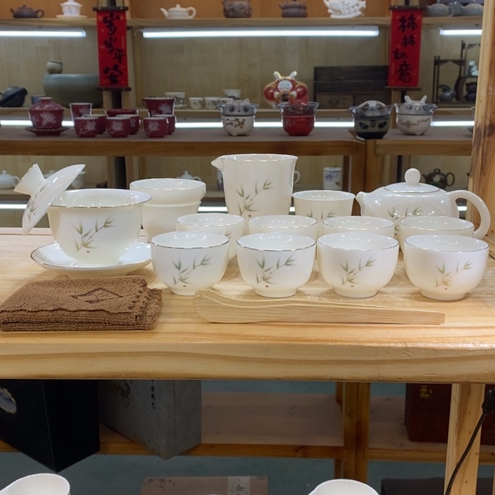 竹报平安羊脂玉茶具大套装
