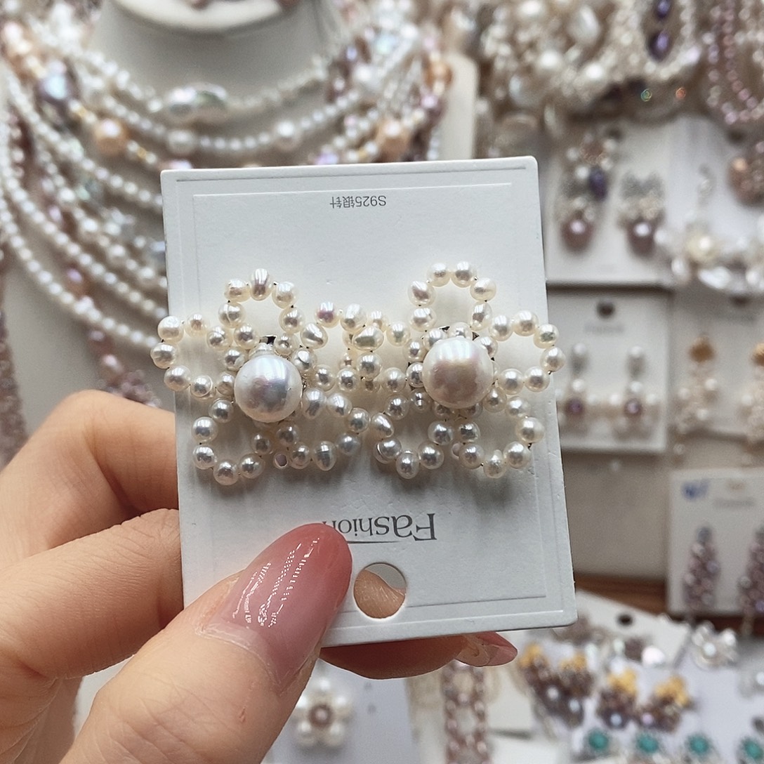 耳饰银S925镶嵌淡水珍珠