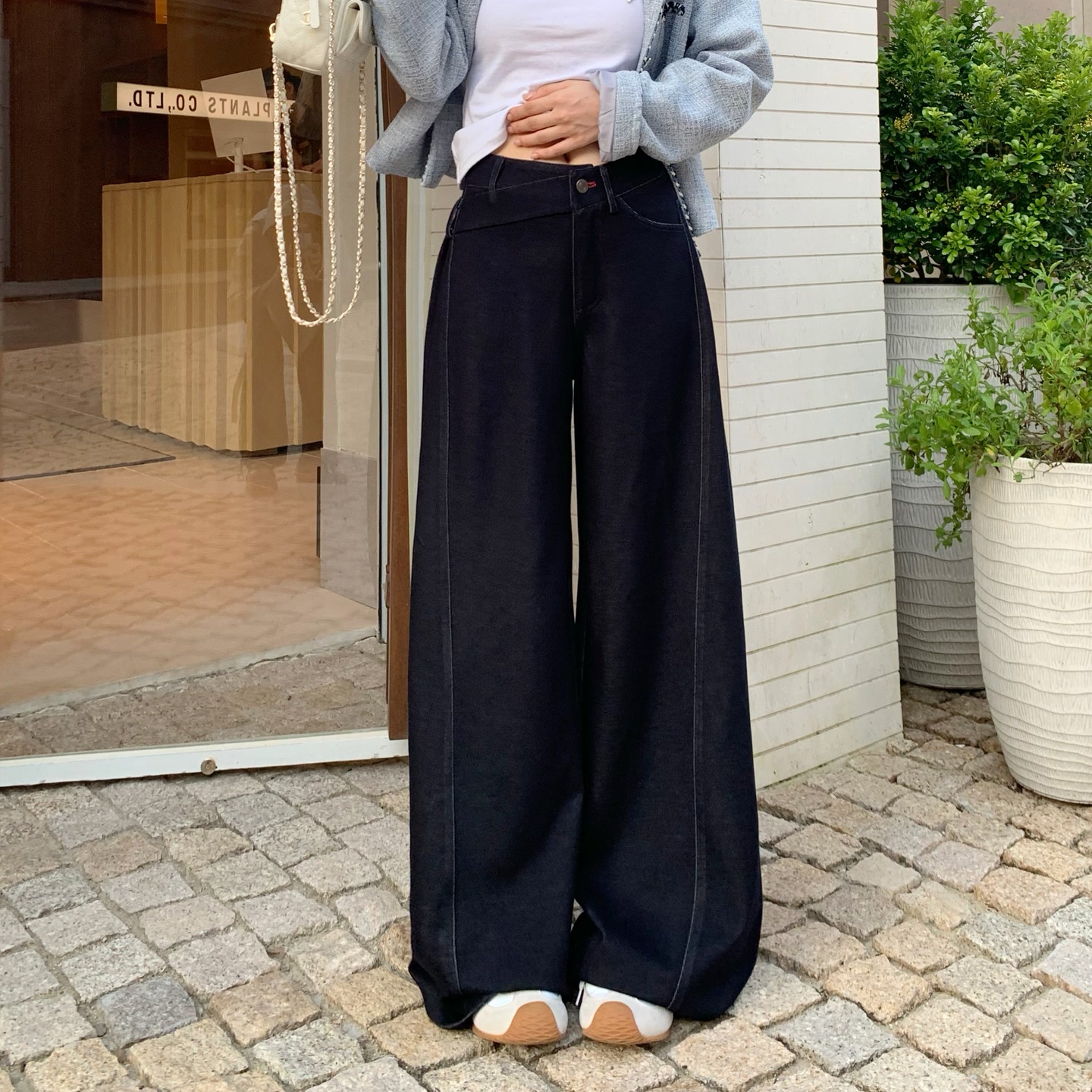 3MER 美式复古深蓝色阔腿牛仔裤女设计感宽松显瘦垂感裤子
