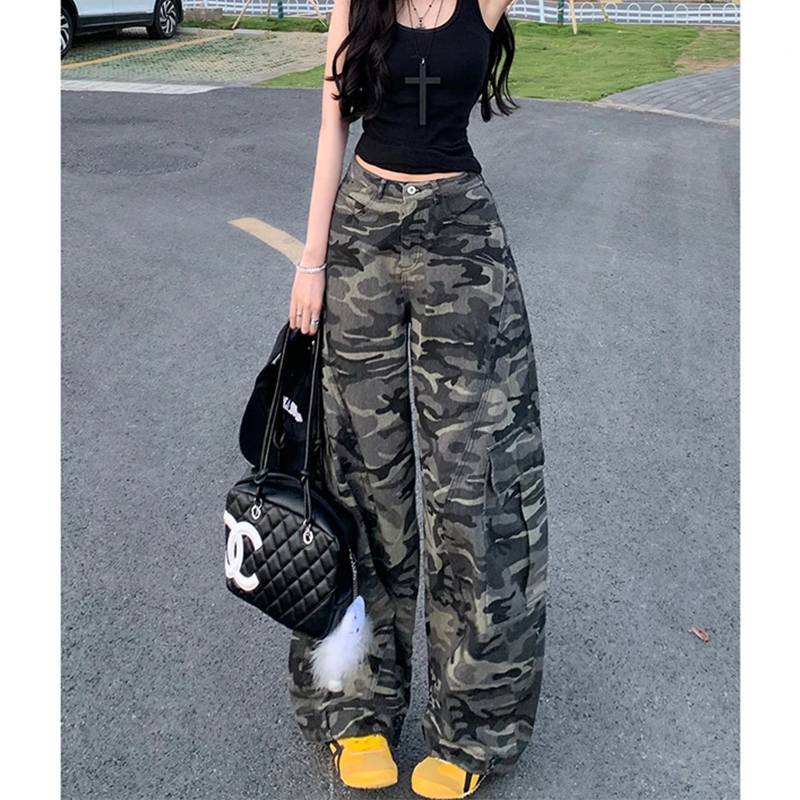 【清仓】美式迷彩工装牛仔裤女秋冬宽松显瘦直筒阔腿拖地梧桐裤子