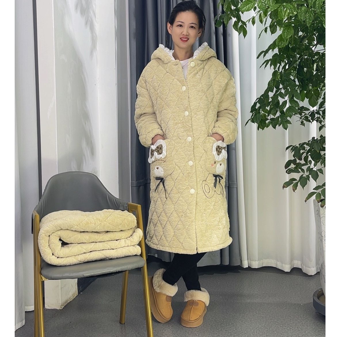 【女士长袍2100】冬季夹棉睡衣时尚三层夹棉加厚家居服套装加绒