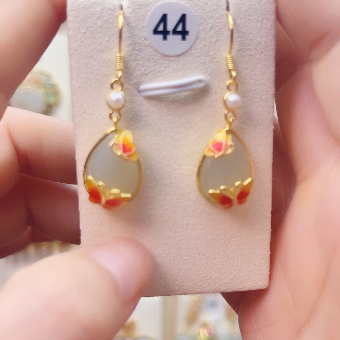 和田玉银S925镀金镶嵌耳饰