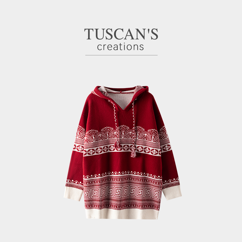 TUSCAN'S CREATIONS时尚百搭拼色连帽女款套头羊毛针织衫气质百搭