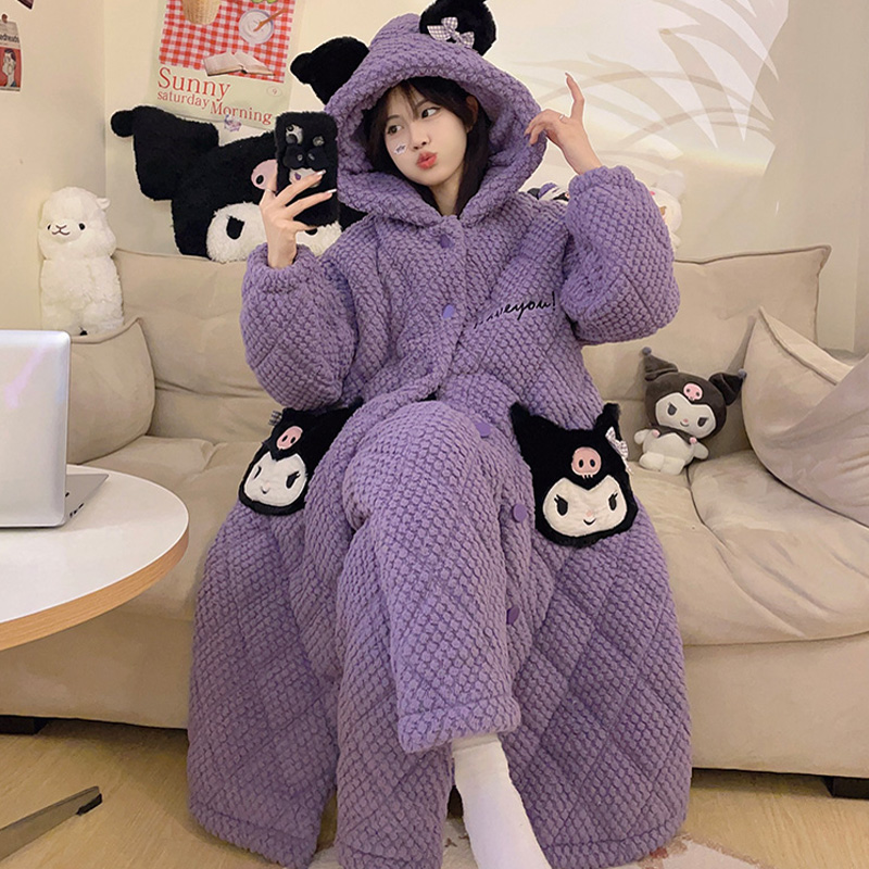 三层夹棉加厚冬季法兰绒睡袍卡通可爱珊瑚绒睡衣女士家居服 8962