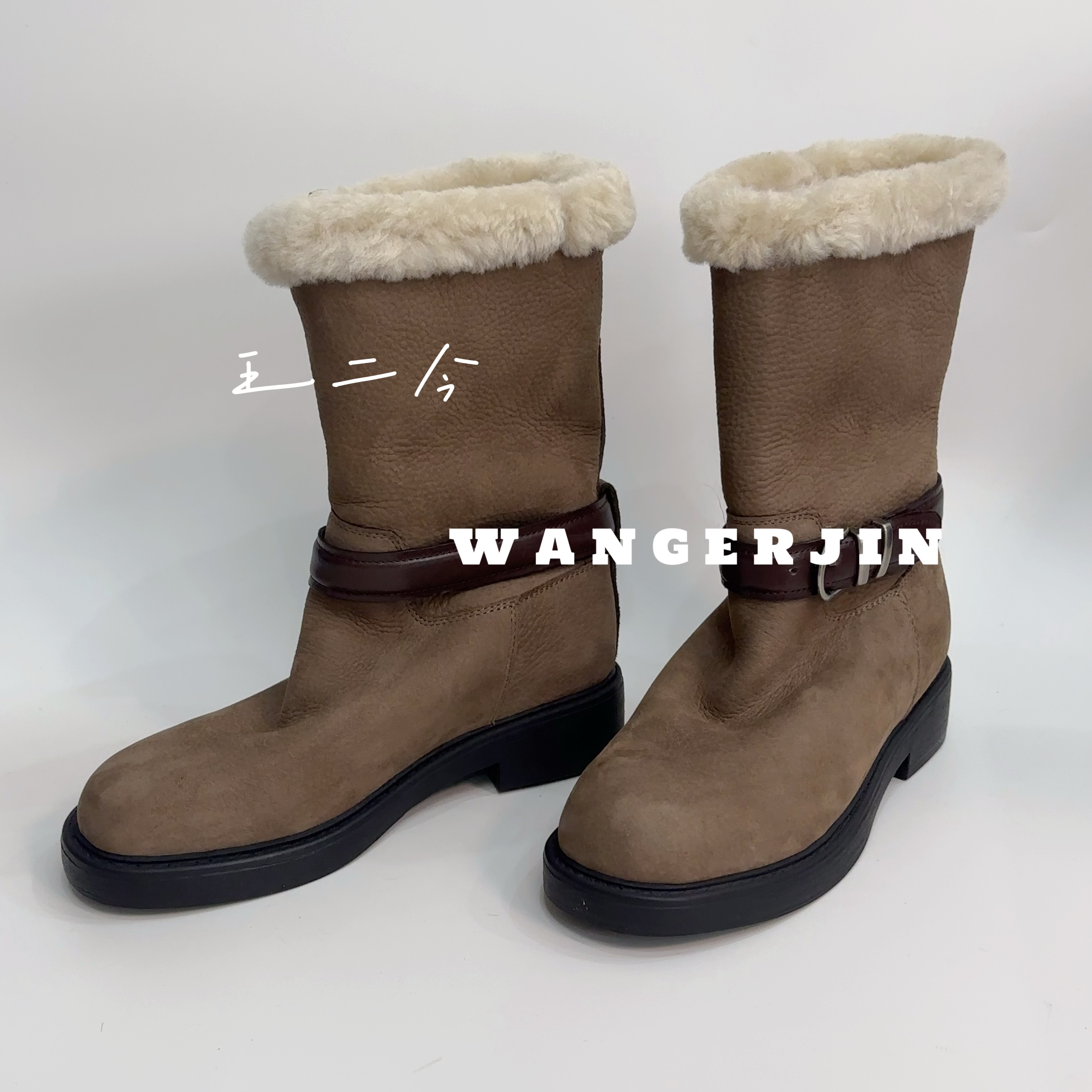 王二今/牛皮/4CM/厚底增高皮毛一体皮带扣切尔西靴时装雪地短靴女