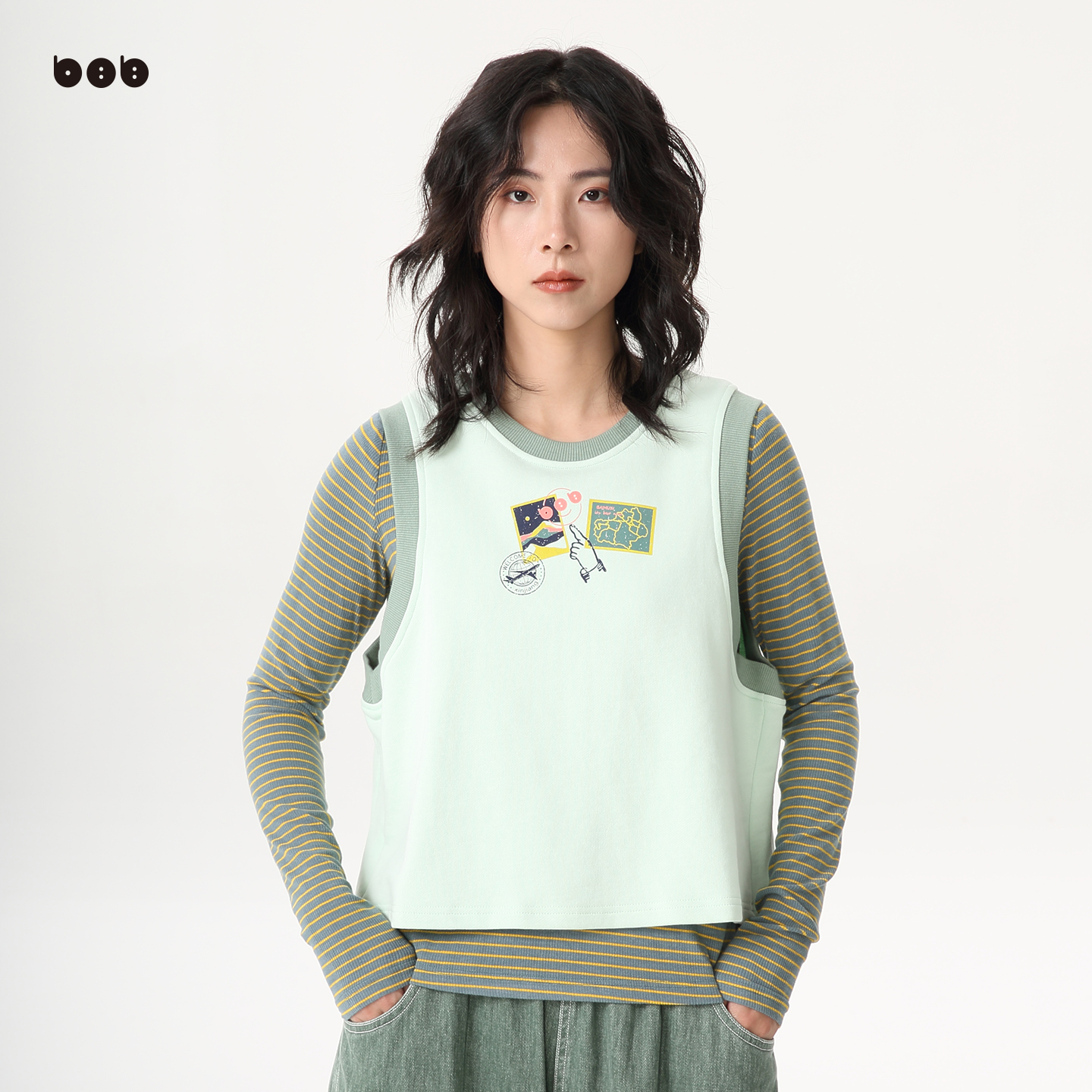 【商场同款】白目自圆领T恤女秋冬新品假两件套条纹套头打底衫潮