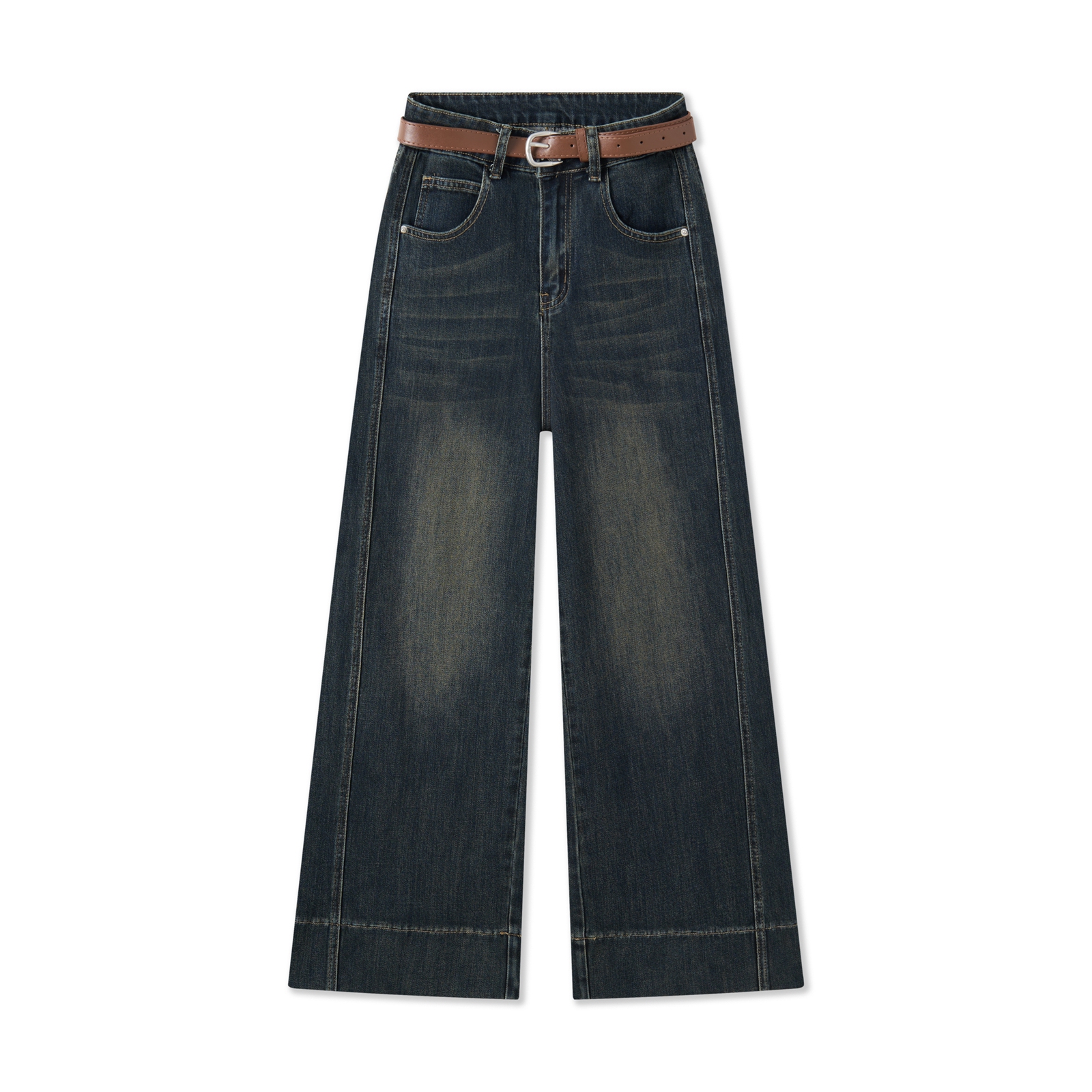 复古宽松显瘦牛仔裤女夏秋季高腰直筒八九分深蓝窄版阔腿裤