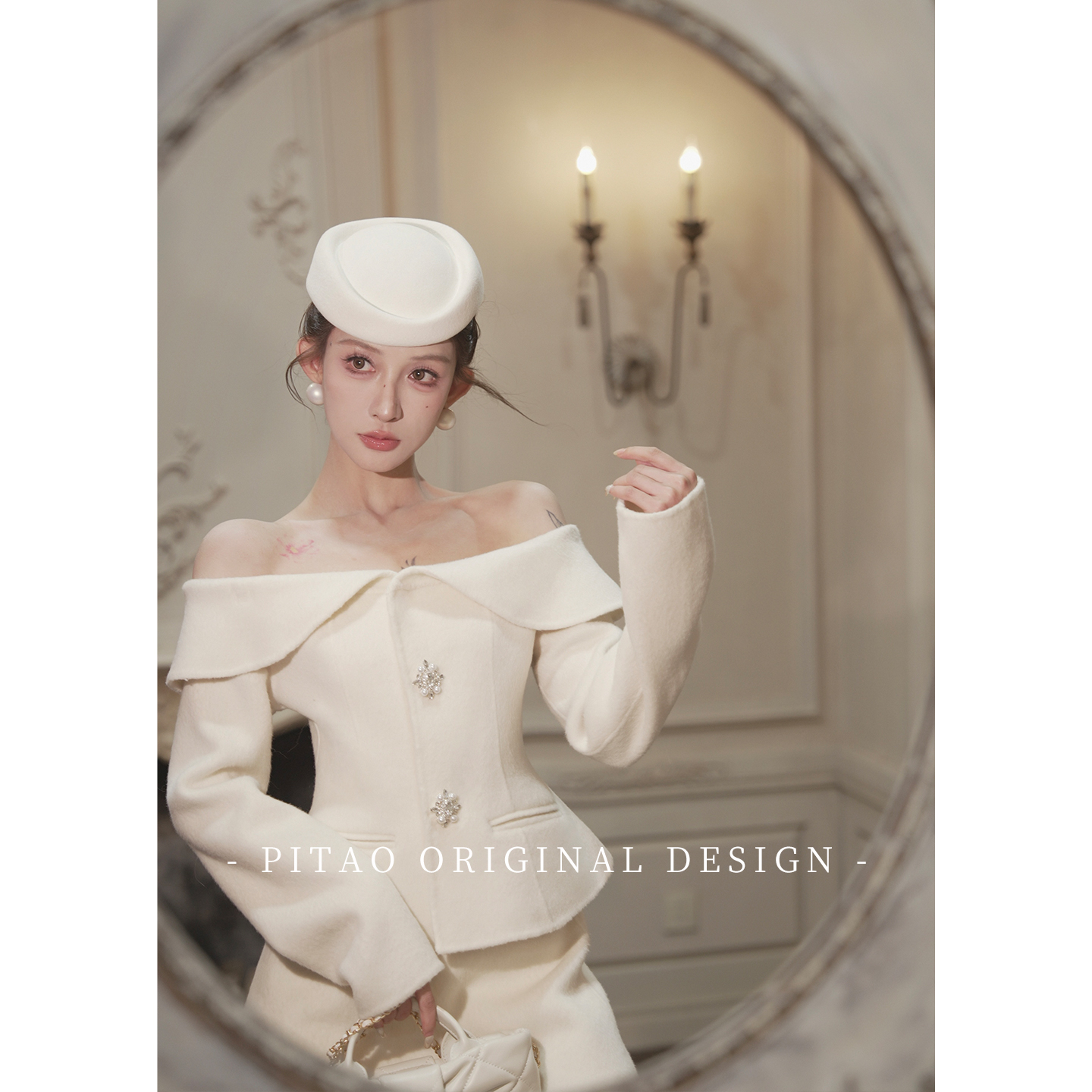 杜屁屁桃PITAO 原创【天鹅堡】娃娃领短款100绵羊毛外套披肩半裙