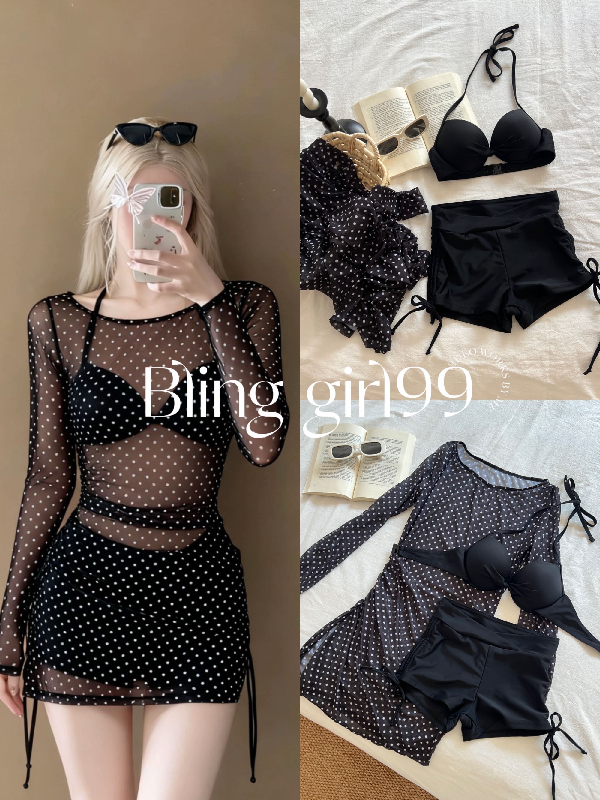 【人间梦露】度假温泉比基尼黑色波点钢托分体比基尼套装黑色钢托