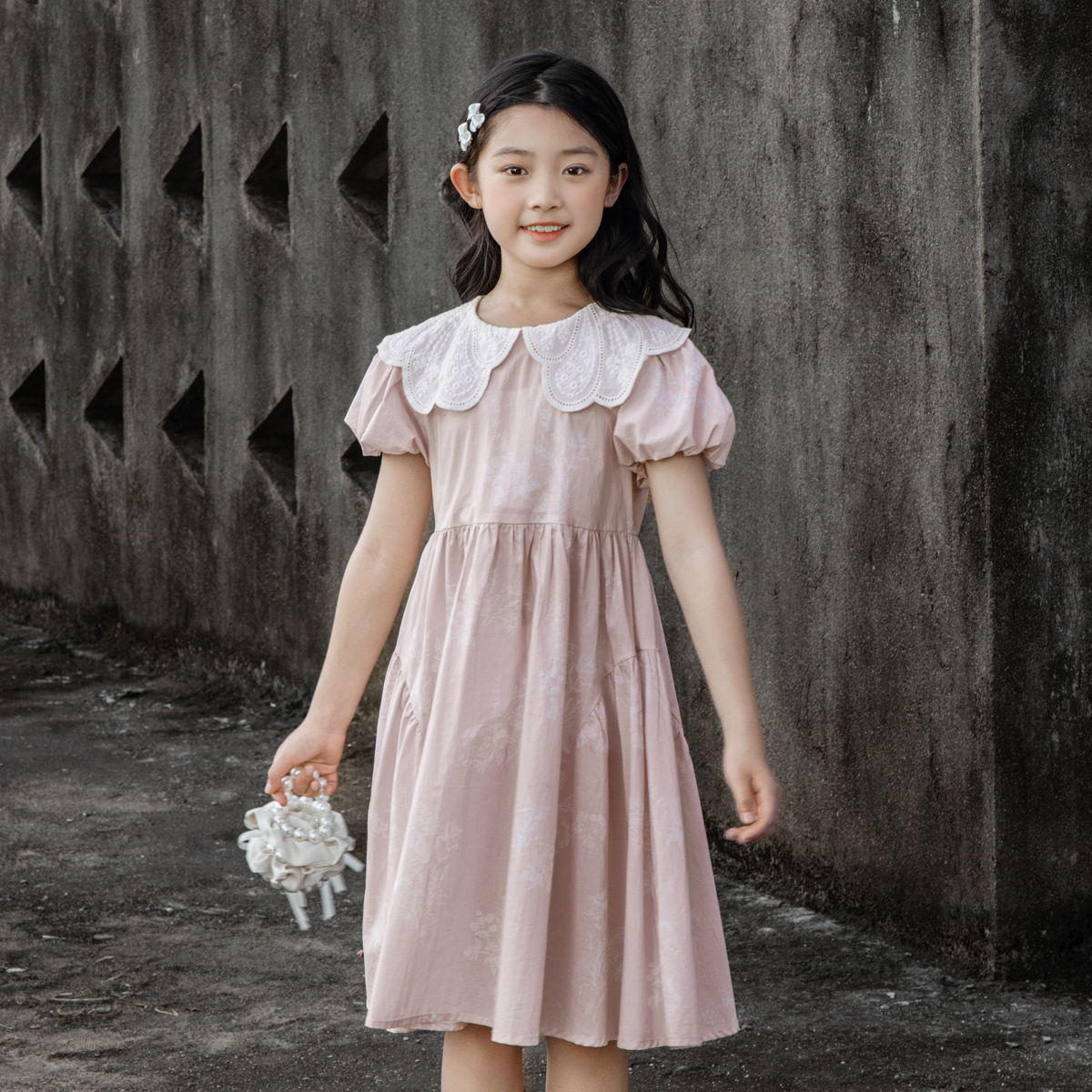 男生女生女大童蕾丝大翻领短袖连衣裙NDLCJ24503*