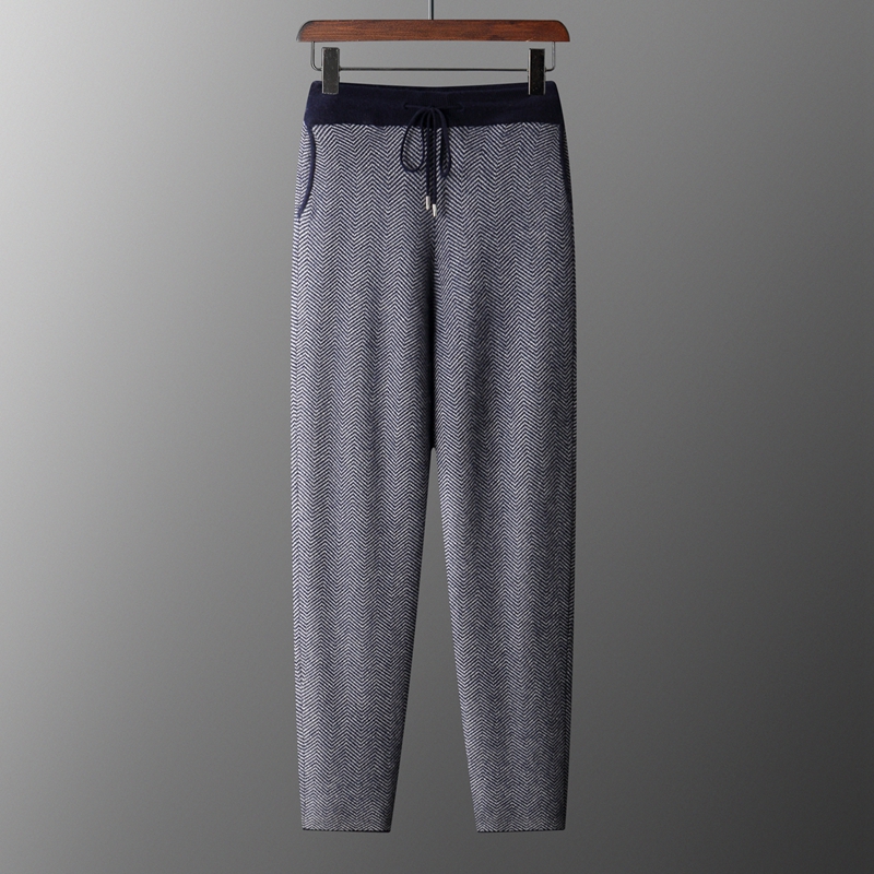 秋冬新款男士人字纹加厚直筒裤针织休闲裤时尚100纯羊毛裤子