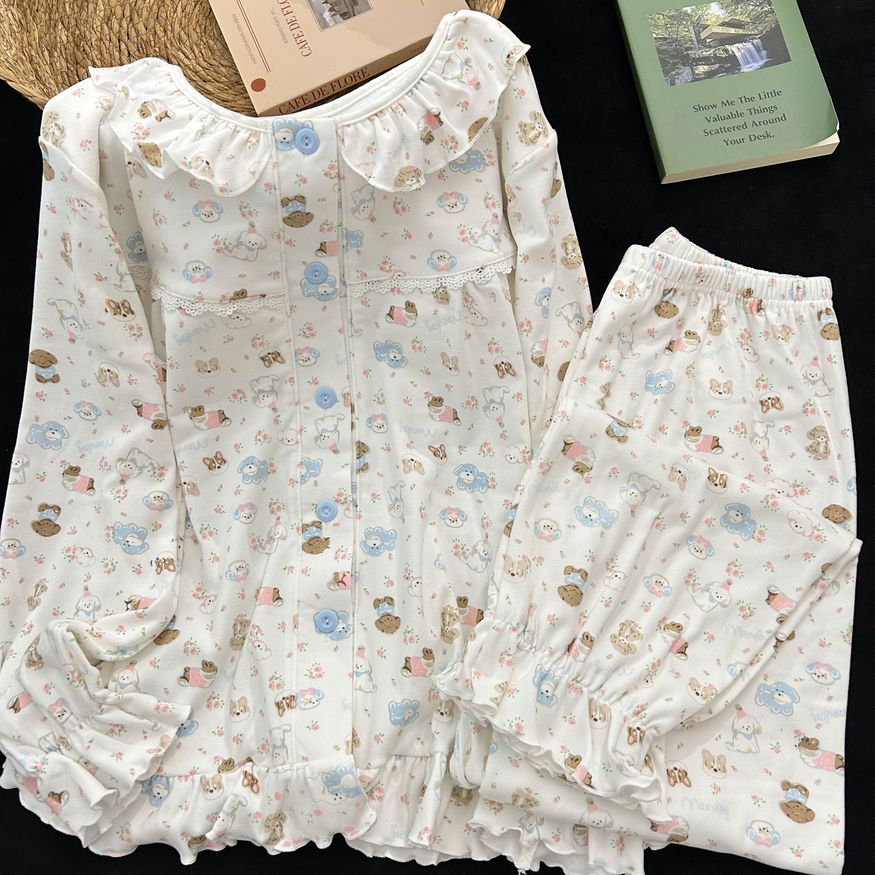 带胸垫奶油狗狗德绒睡衣女秋冬季加厚保暖可爱甜美软萌家居服套装