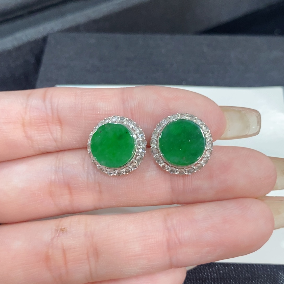 翡翠耳饰18K金镶嵌圆牌
