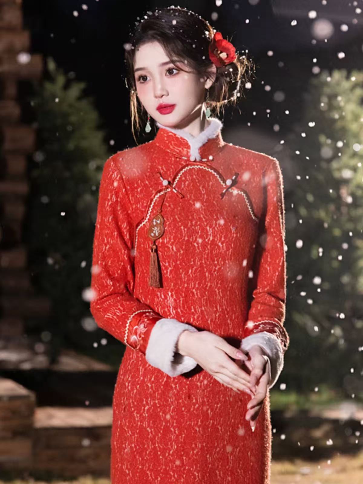 1586 橘红色 美玲襟 【宝葫芦】流苏 袖口刺绣 旗袍【没有流苏】