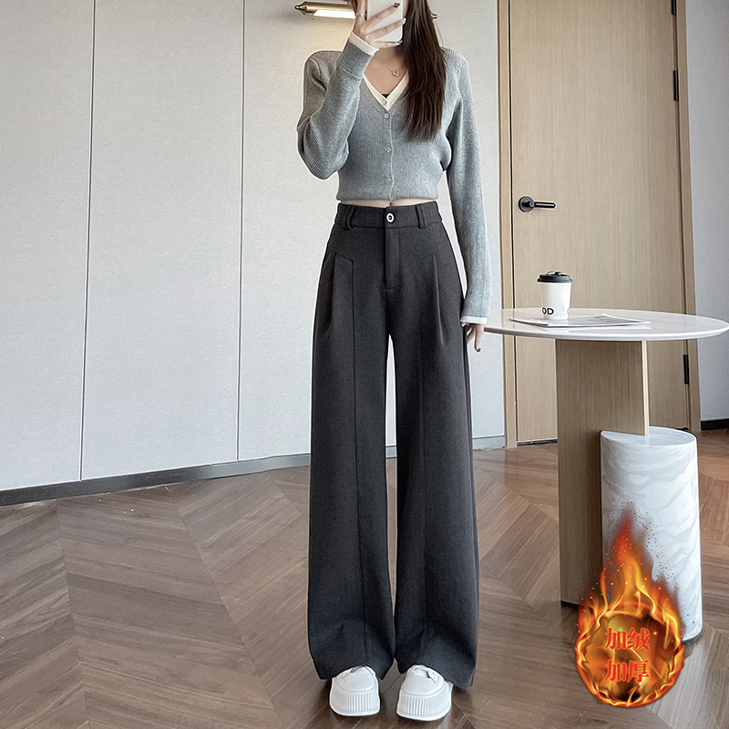 秋冬季小个子灰色加绒毛呢阔腿裤加厚休闲高腰窄版直筒阔腿裤