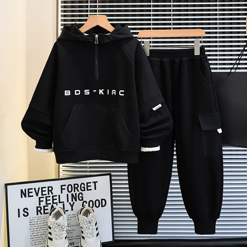 男童连帽拉链卫衣套装2025秋季新款中大童潮酷运动儿童时髦两件套