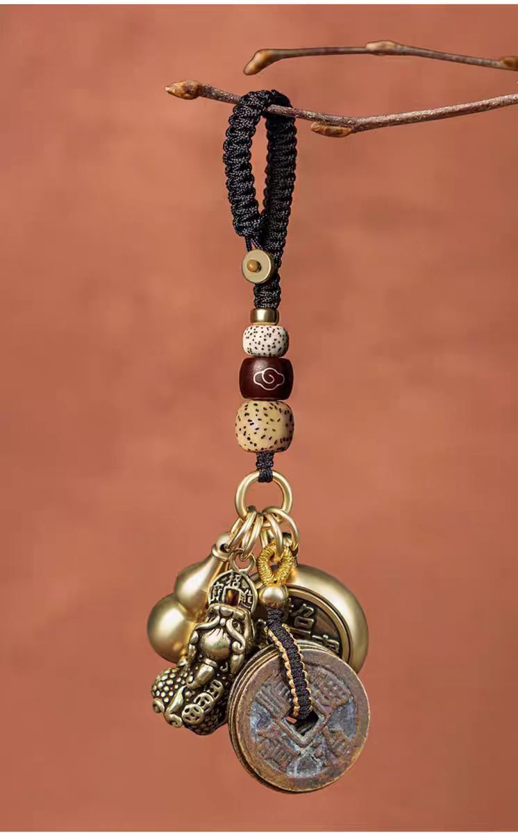创意十二生肖黄铜貔貅汽车钥匙扣五帝钱挂件